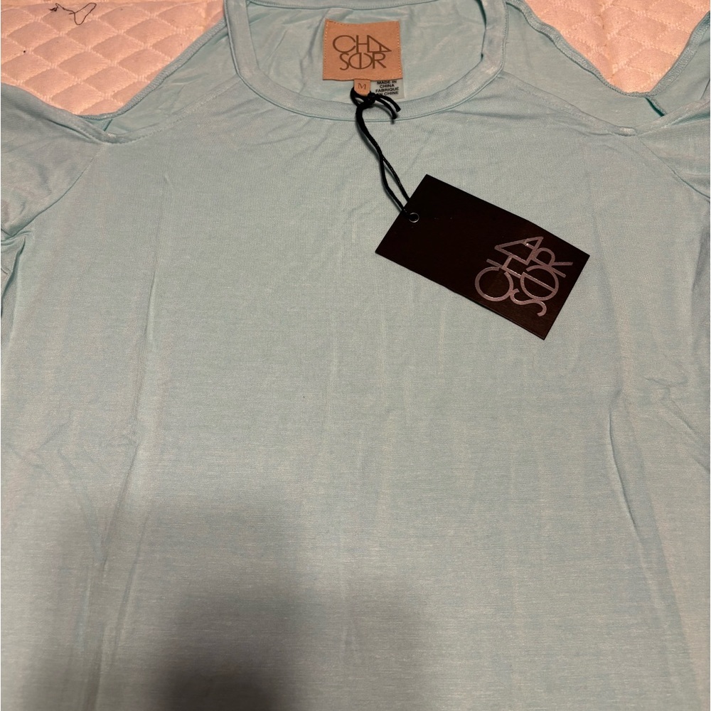 Chaser T Shirt Womens M Cold Shoulder Flare Sleeve Raw Hem Blouse‎ Aqua
